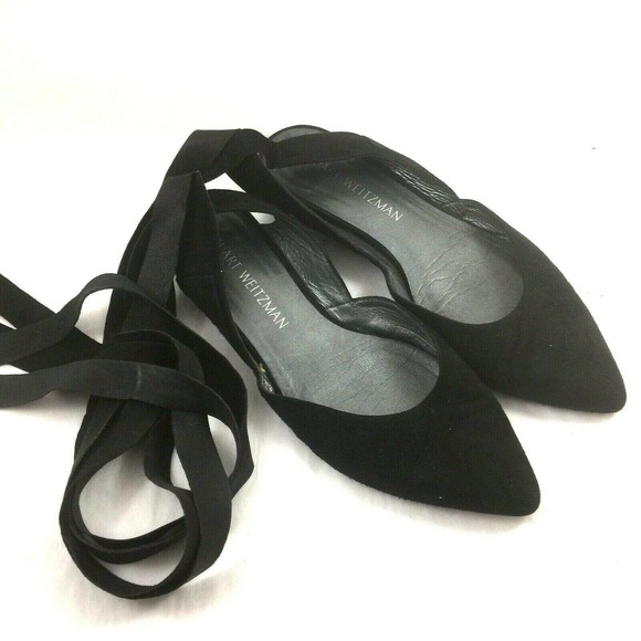 Stuart Weitzman Black Supersonic Wrap Around Tie Flat Ballet Suede Point… - Picture 2 of 7